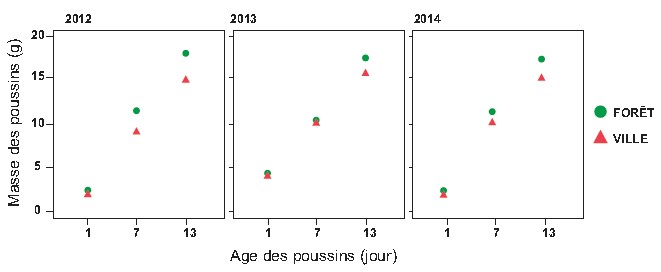 Figure 3 : Croissance des poussins de mésanges charbonnière en milieu urbain et forestier durant 3 années consécutives. Valeurs moyennes ± intervalle de confiance à 95 %. D’après Bailly et al 2016.